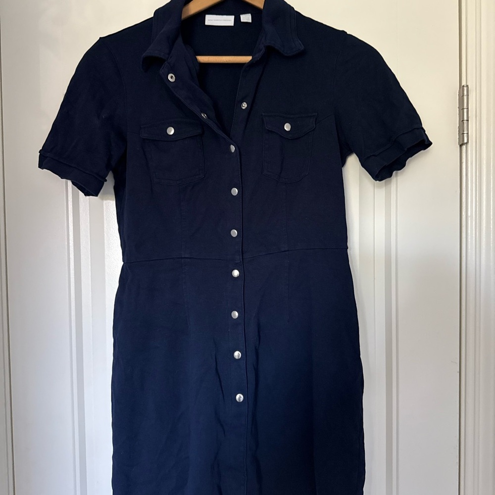 New York & Company Dark Blue Button-Front Midi Dress
